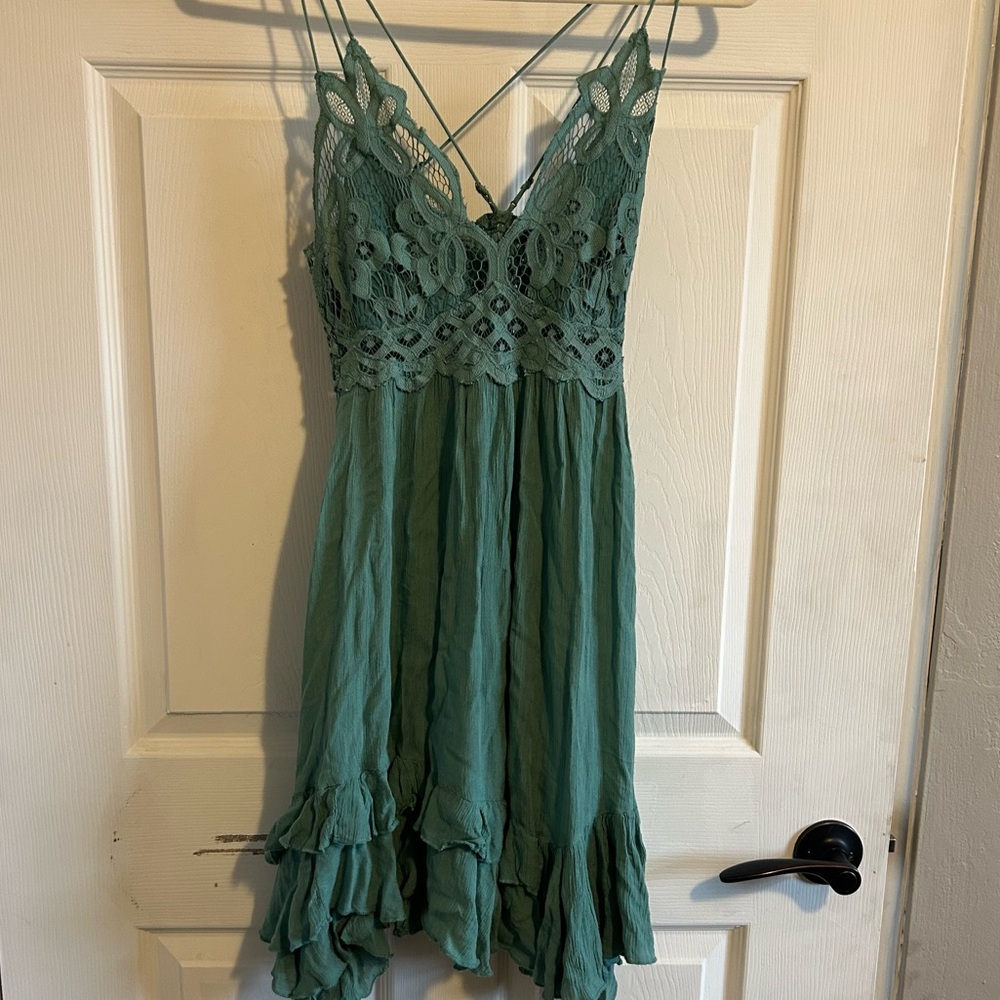 Free People Adella Slip Sage Blue Lace ruffle Teal Lace Mini Dress - Picture 6 of 10